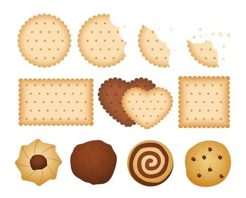 Sweet biscuits. Bitten chip biscuit cookie, crackers. Isolated chocolate vanilla Stock Illustration