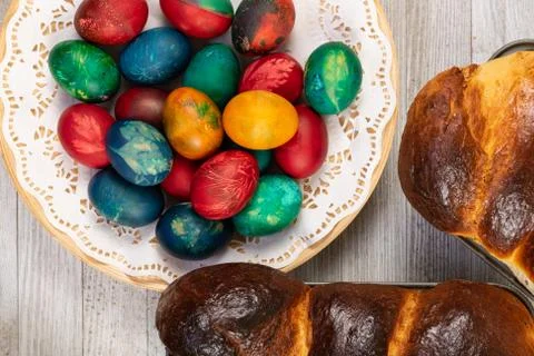 Sweet Bread and Easter Eggs Stock Photos