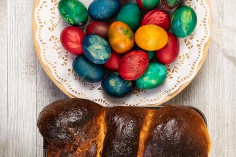 Sweet Bread and Easter Eggs Stock Photos