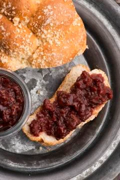 Sweet bread (challah) with cherry jam Stock Photos