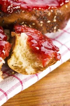 Sweet bread (challah) with strawberry jam, lodz, poland Stock Photos