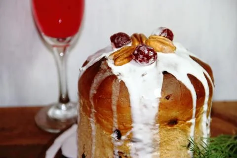 Sweet bread Christmas pudding cin dried and glazed fruits and sparkling bever Stock Photos