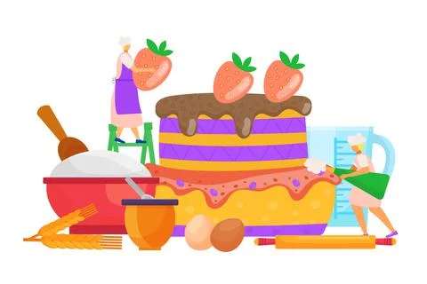 Sweet cake cooking, vector illustration. Tiny woman people character make Stock Illustration
