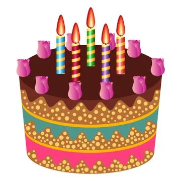 Sweet cake with five burning candles and cream roses Illustrazione stock