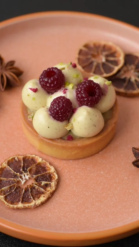 Sweet cake or tart round with cream and raspberries. Raspberry sweet tart Stock Footage 314979445