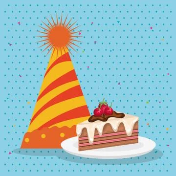 Sweet cake portion and hat birthday Illustrazione stock