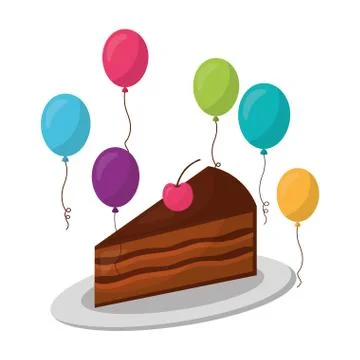 Sweet cake slice with cherry fruit and balloons helium Illustrazione stock