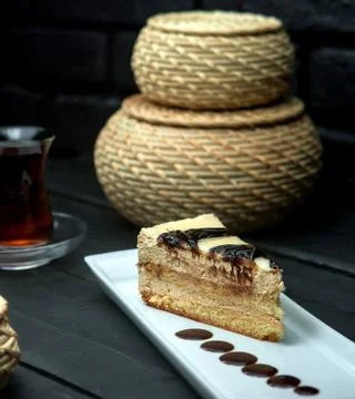 Sweet cake slice with chocolade spots Stock Photos