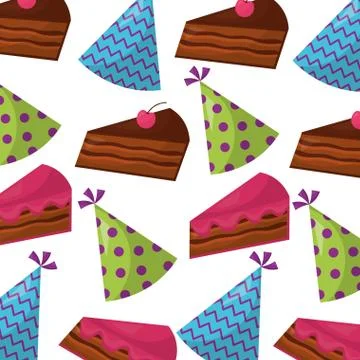 Sweet cake slice with hat party pattern Stock Illustration