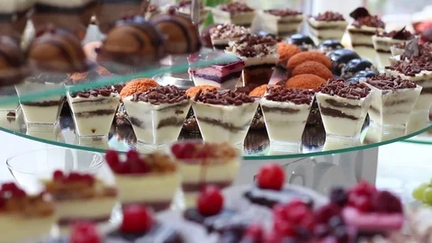 Sweet cakes, cake with chocolate cherry , wedding party Stock Footage