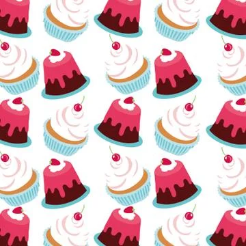 Sweet cakes with cherries dessert pattern Stock Illustration