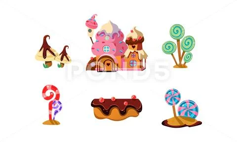 Sweet candy land, cute cartoon elements of fantasy landscape for mobile game Stock Illustration