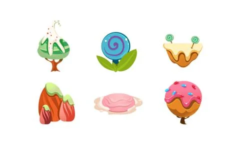 Sweet candy land design elements, cute cartoon fantasy plants for mobile game Stock Illustration
