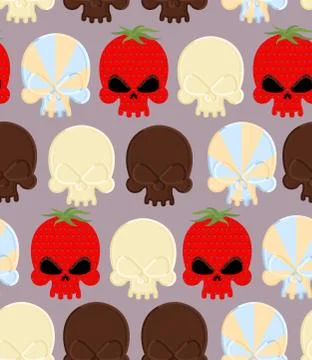 Sweet candy skulls seamless pattern. Head skeleton made of chocolate and stra Illustrazione stock