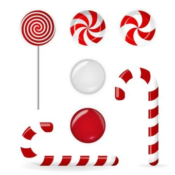 Sweet candy of various forms (cane, circle on stick) and flavors on White Stock Illustration