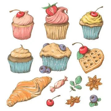 Sweet capcake with cream. Set from vector cards Stock Illustration