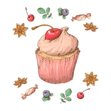 Sweet capcake with cream. Set from vector cards Stock Illustration
