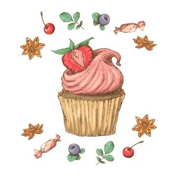 Sweet capcake with cream. Set from vector cards Stock-Illustration