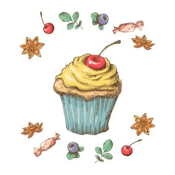 Sweet capcake with cream. Set from vector cards Stock Illustration