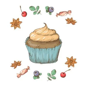Sweet capcake with cream. Set from vector cards Stock Illustration
