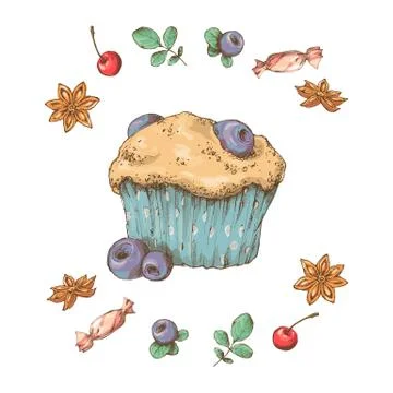 Sweet capcake with cream. Set from vector cards Stock Illustration