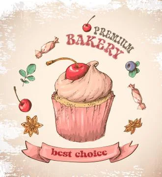 Sweet capcake with cream. Set from vector cards Stock Illustration
