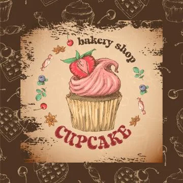 Sweet capcake with cream. Set from vector cards Stock Illustration