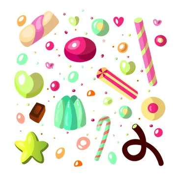 Sweet cartoon candy set. Collection of sweets, cartoon style. Jelly, candy Stock Illustration