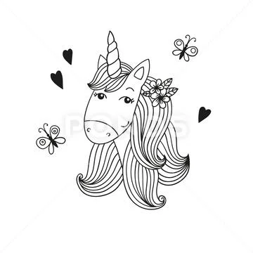 Sweet cartoon unicorn head. Black and white vector illustration. Stock Illustration