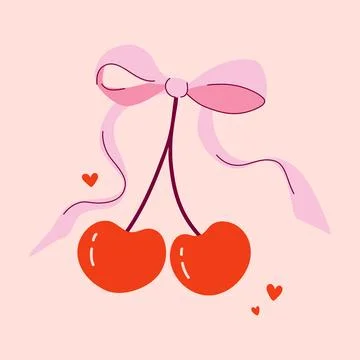 Sweet cherry duo. Two cherries with coquette bow and hearts. Stock Illustration