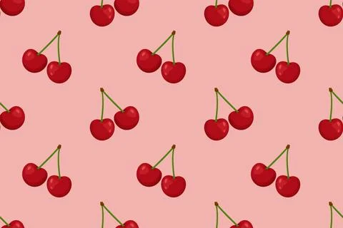 Sweet cherry fruit repeat texture, cute cartoon summer vector Stock Illustration