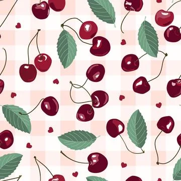 Sweet cherry seamless pattern on gingham background. Summer mood texture. V.. Stock-Illustration
