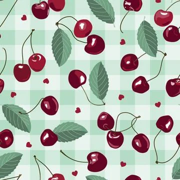 Sweet cherry seamless pattern on gingham background. Summer mood texture. Vec Stock Illustration