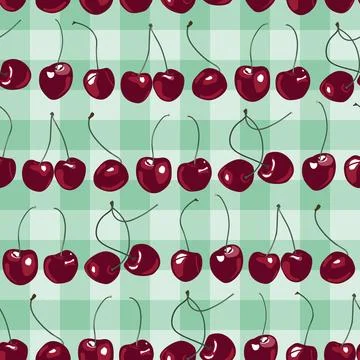 Sweet cherry seamless pattern on gingham background. Summer mood texture. Vec Stock-Illustration