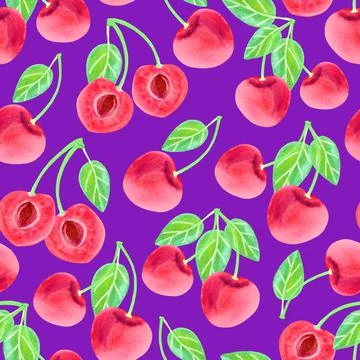 Sweet cherry watercolor seamless pattern. Pink berry on violet background Stock Illustration