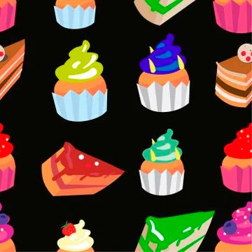 Sweet confectionery vector seamless pattern with different colored cupcakes Stock Illustration