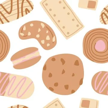 Sweet Cookie Seamless Pattern with Cute Flat Vector Biscuits on White Background Stock Illustration