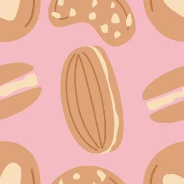 Sweet Cookie Seamless Pattern with Cute Flat Vector Pastries on Pink Background Stock Illustration