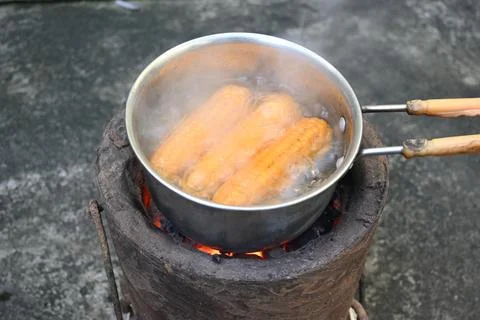 Sweet corn is being boiled. Stock Photos