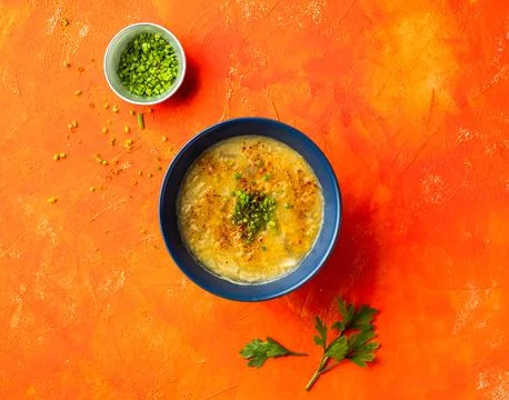 Sweet Corn Chowder Soup with Green Onion and coriander served in bowl isola.. Stock Photos