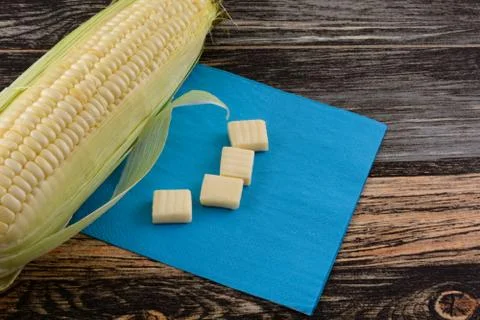 Sweet corn flavored hard candy and corn Stock Photos