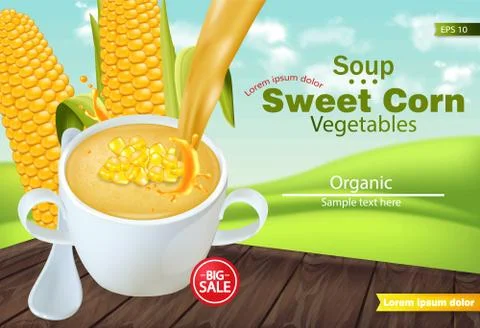 Sweet corn soup in a bowl Vector realistic. Product placement mock up. Green  Stock Illustration