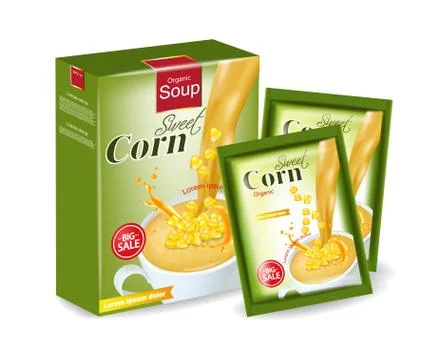 Sweet corn soup mock up Vector realistic product placement. 3d illustrations Stock Illustration