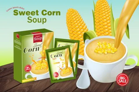 Sweet corn soup Vector realistic. Product placement mock up. 3d illustrations 스톡 일러스트