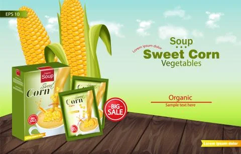 Sweet corn soup Vector realistic. Product placement mock up. Green fields bac 스톡 일러스트