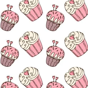 Sweet cupcake and heart pattern with doodle elements. Stock Illustration