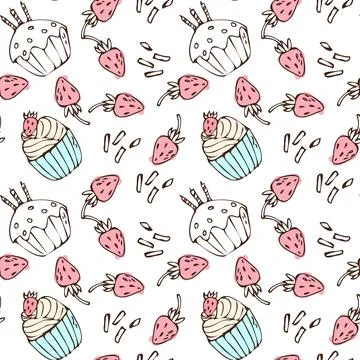 Sweet cupcake and strawberry pattern with doodle elements. Stock Illustration