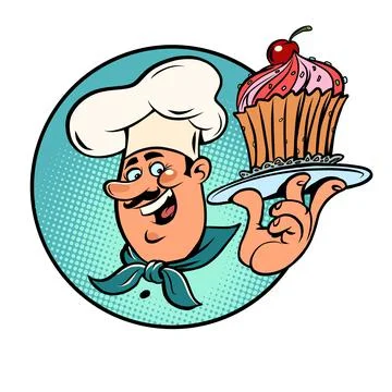 Sweet cupcake basket with a cherry in the hands of the cook. Confectionery Stock Illustration