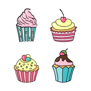 Sweet cupcake. Set of hand drawn cupcakes. Doodle cakes with cream and berrie Stock Illustration