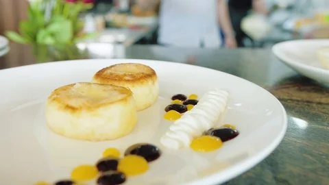 Sweet curd Breakfast on a plate Stock Footage 113759319